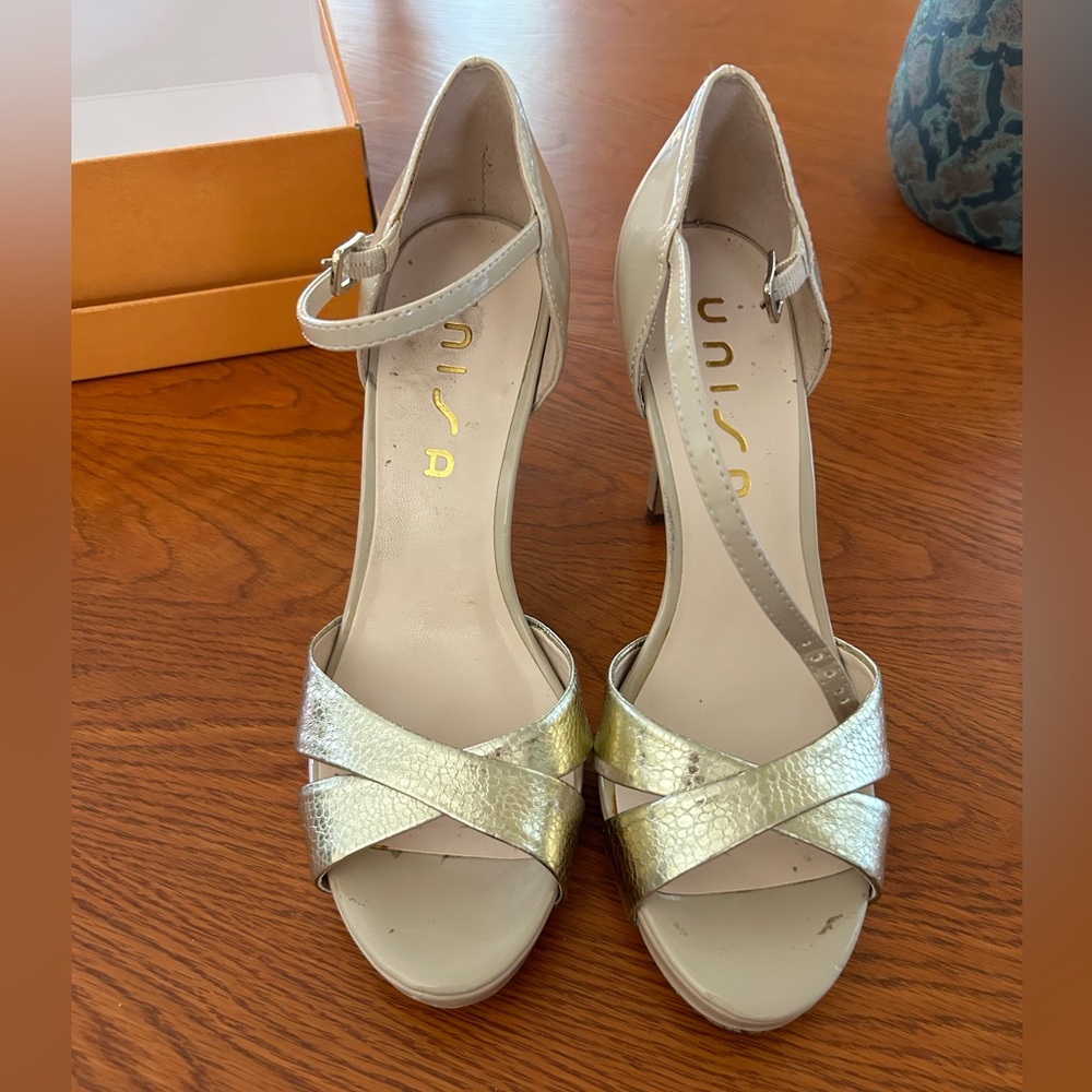 Unisa Gold and Nude Heels, Size 8.5